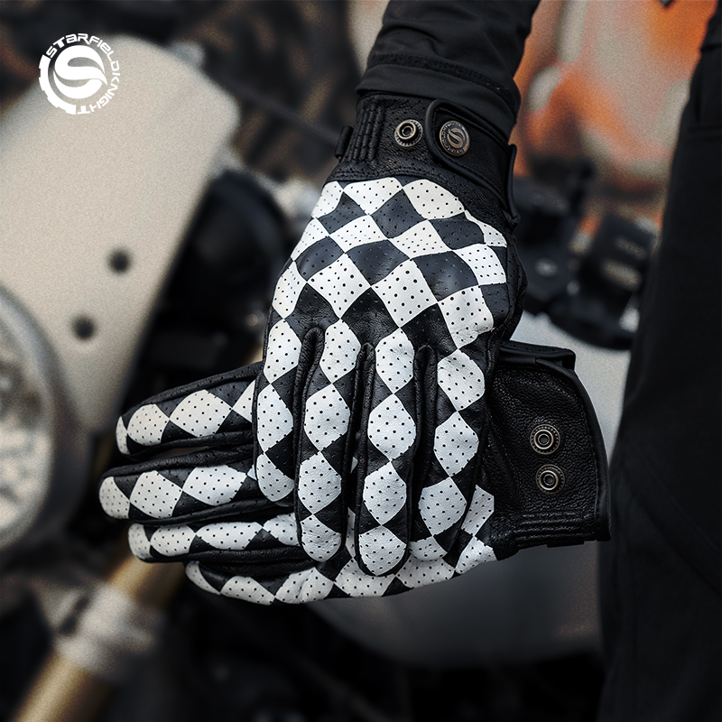 Motorcycle Wearing Gear - Star Field Knight Zwart-witte motorhandschoenen Retro